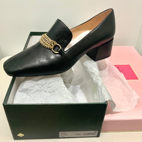 Kate Spade Gabby Black Leather Block Heel Loafer Square Toe Shoes Gold Chain 7.5 - Picture 3 of 8